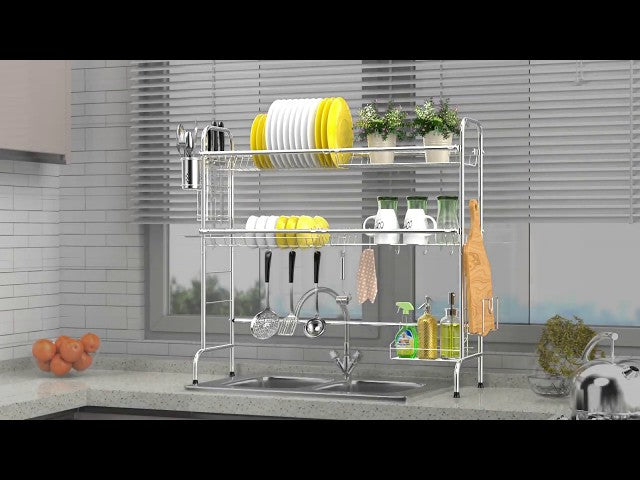 Veckle 2-Tier Dish Rack Standing Dish Drainer Non-Slip Stainless Steel Dish Dryer, Utensil Holder Cutting Board Holder Kitchen Counter Shelf Storage Rack ...