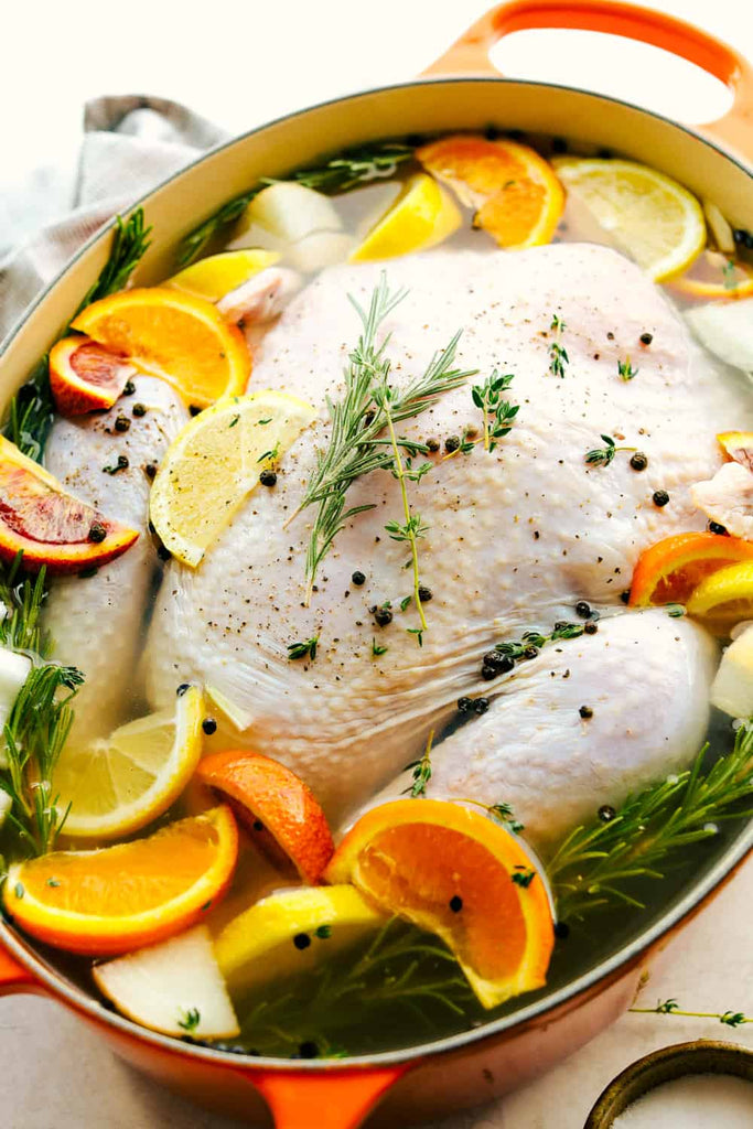 Turkey Brine creates a tender, moist and juicy turkey with sweet citrusy flavoring and a hint of spice all submerged in a water bath for your turkey to soak from the inside-out