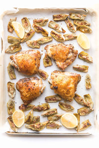 Whole30 + Keto Sheet Pan Greek Chicken Recipe + Video – crispy chicken thighs in a greek marinade + artichoke hearts
