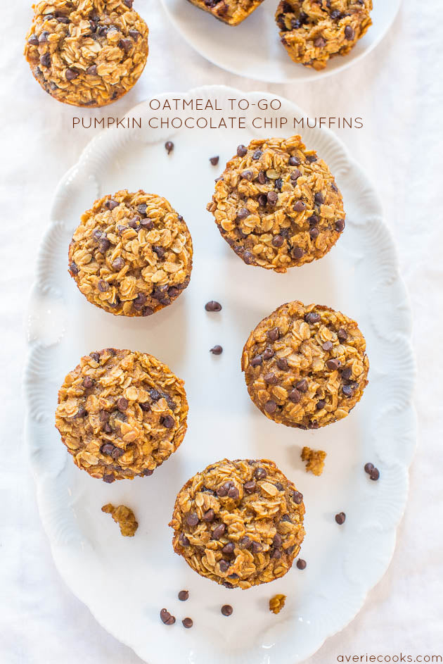 Oatmeal To-Go Pumpkin Chocolate Chip Muffins — These pumpkin chocolate chip muffins are essentially baked oatmeal bites with the perfect amount of pumpkin spice!! They’re the perfect grab-and-go breakfast or snack!!