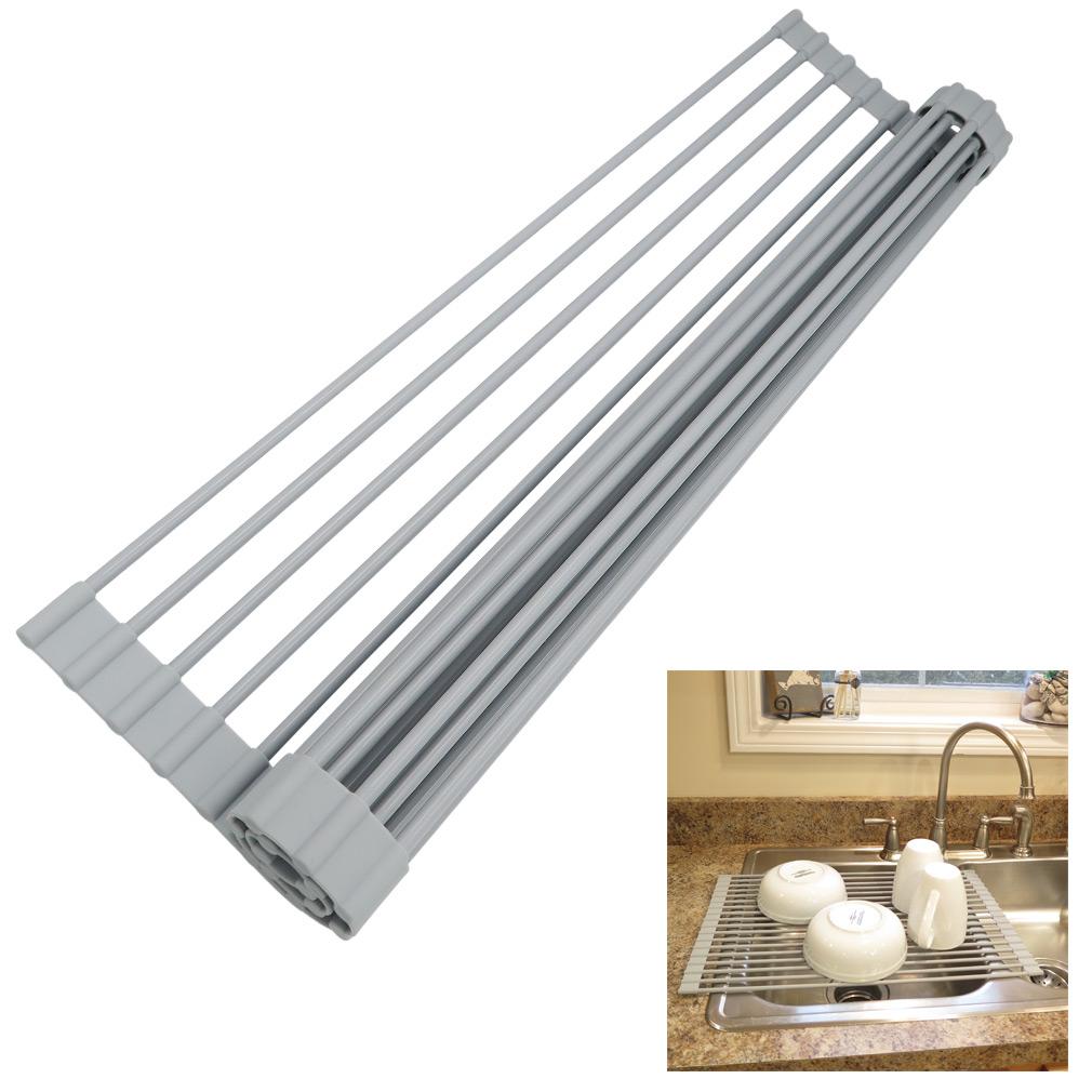 Evelots NEW Dish Drying Rack-Roll Up-Over the Sink-OVERSIZE-Stainless/Silicone