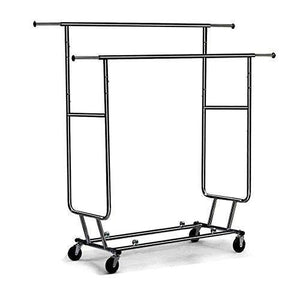 Cu AlightUp Double Rail Rolling Garment Rack with Adjustable Extensible Rails Heavy Duty Collapsible Clothing Hanging Coat Rack Commercial Grade Clothes Drying Rack Dress Shirt Storage Stand, Black