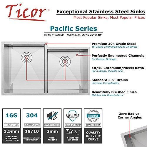 33" Ticor S3560 Pacific Series 16-Gauge Undermount Stainless Steel Double Bowl Zero Radius Square Kitchen Sink with Accessories