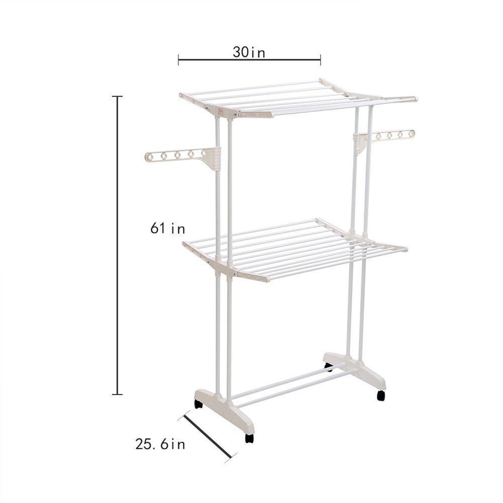 YUBELLES 2 Tier Rolling Clothes Drying Rack Collapsible Laundry Dryer Hanger Foldable Durable Hanging Rods Indoor & Outdoor Use White