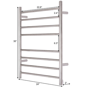24" x 30" Wall Mount Stainless Steel Polished Towel Warmer Drying Rack w/ 8 Bar Horizontal Pipe