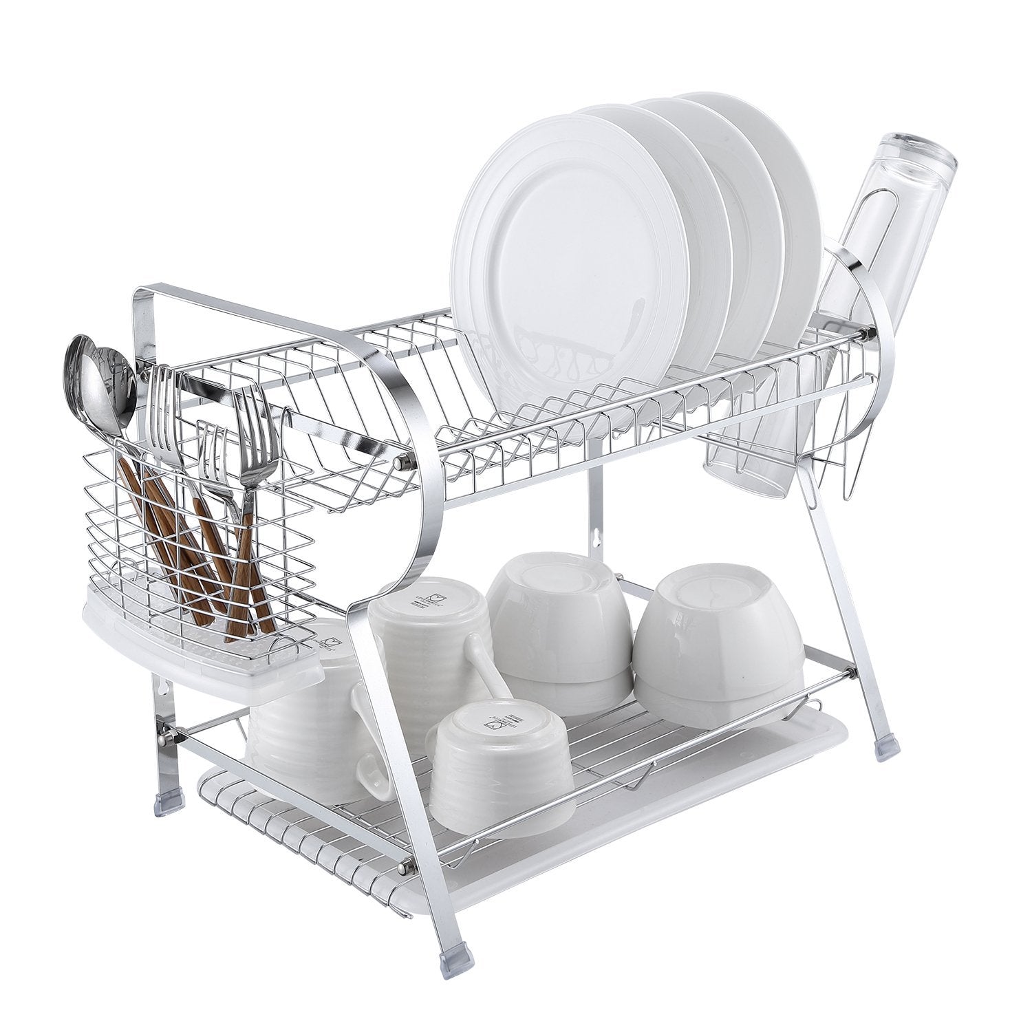 2 Tier Dish Drying Rack Kitchen Organizer with Drain Board, Chrome Finished Steel, Naturous