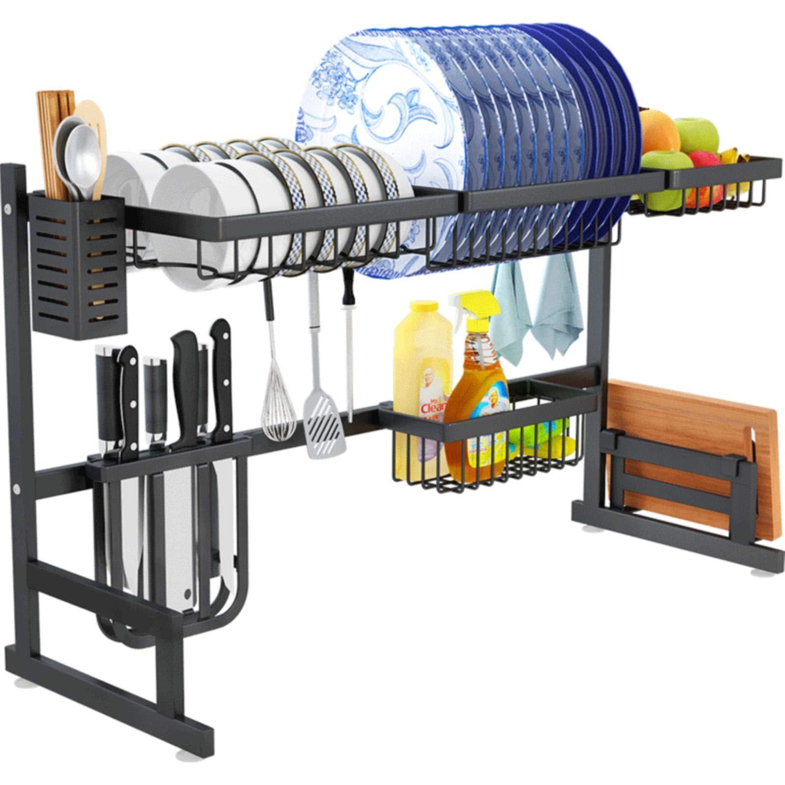 Dish Drying Rack Over Sink，Kitchen Drainer Counter Organization Supplies Shelf Stainless Steel Display Utensil Holder Space Saver (Sink size ≤ 32 1/2 inch, black)