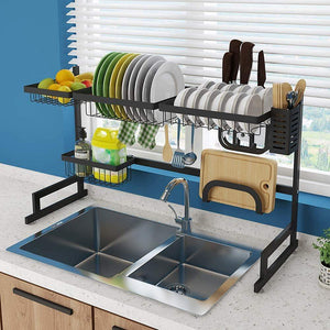 Whifea Dish Drying Rack, Kitchen Storage Shelf Over Sink, Stainless Steel Sink Dish Rack, Kitchen Supplies Organizer Utensils Holder, Matte Black (L 33.5 inch x W 12.6 inch x H 20.5 inch)