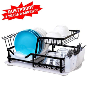 2-Tier Dish Rack, Dish Drying Rack with Utensil Holder and Drain Board Wine Glass Holder Easy-Storage Rustproof Kitchen Counter Dish Drainer Rack Organizer, Iron