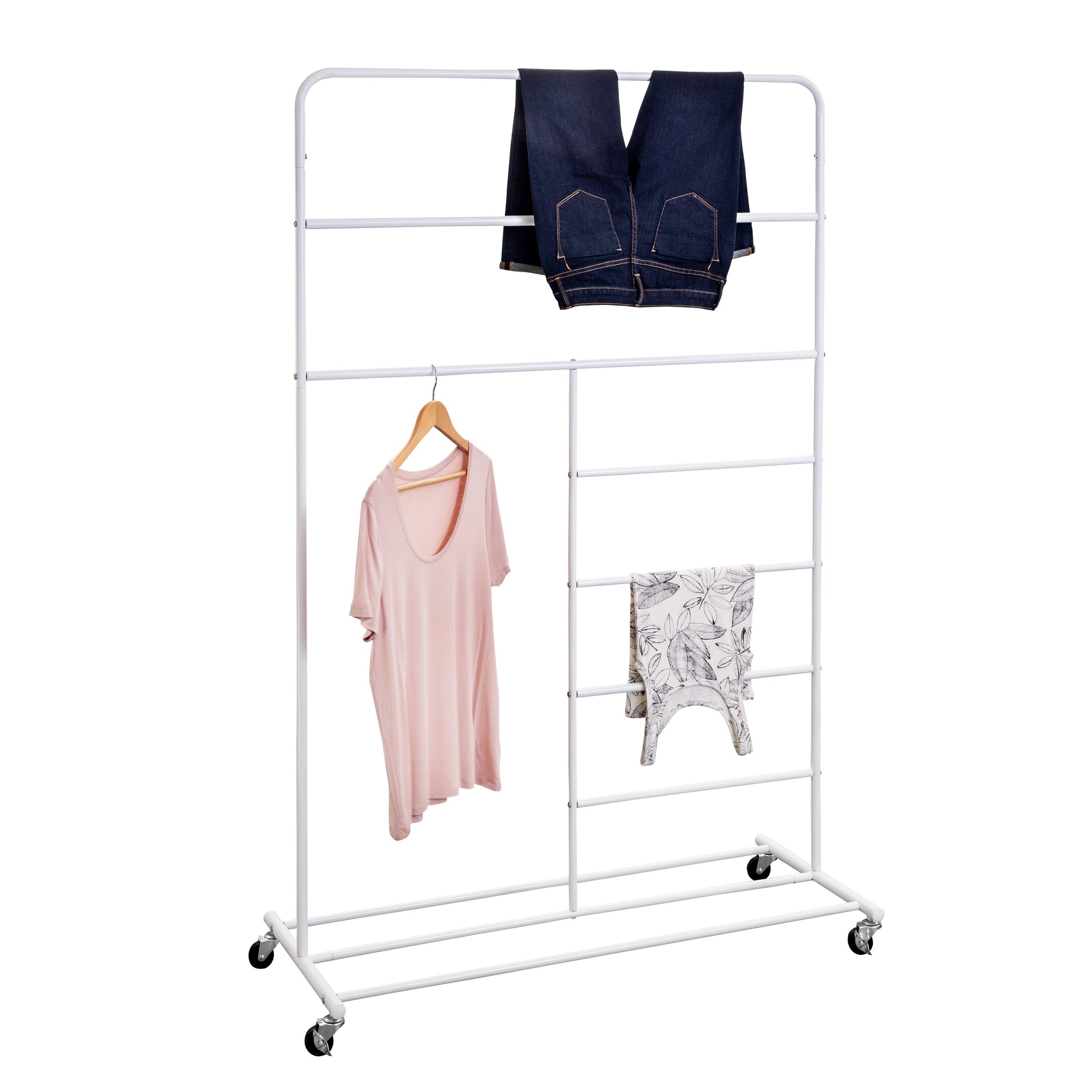 Rolling Multi-Section T-Bar Clothes Drying Rack, White