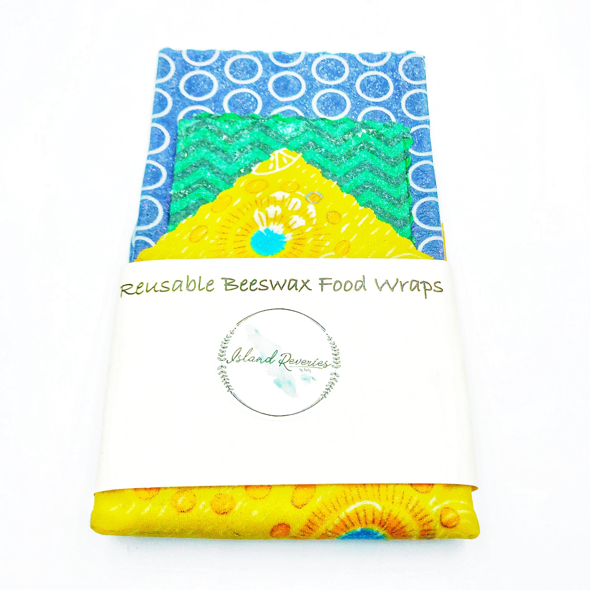 Island Reveries Reusable Beeswax Food Wraps, Blue, Green, Yellow