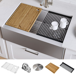 KRAUS Kore™ Workstation 30-inch Farmhouse Flat Apron Front 16 Gauge Single Bowl Stainless Steel Kitchen Sink with Accessories-Kitchen Sinks-DirectSinks-Fast and free shipping